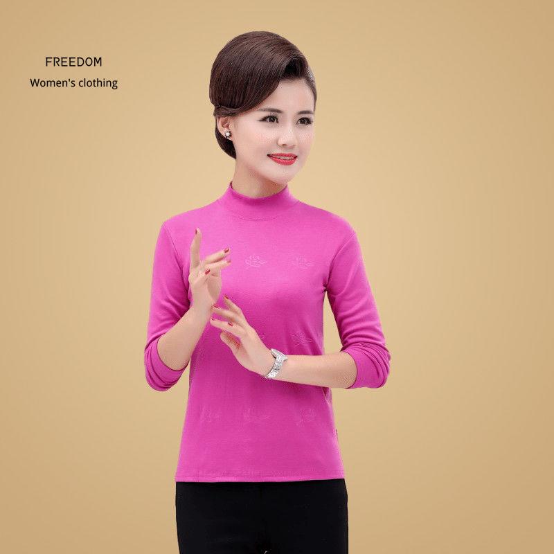 freedom  Quần áo phụ nữ trung niên, mùa thu cho nữ, bà mẹ, thun trơn màu cổ cao nửa vải cotton, dài tay đơn giản người n