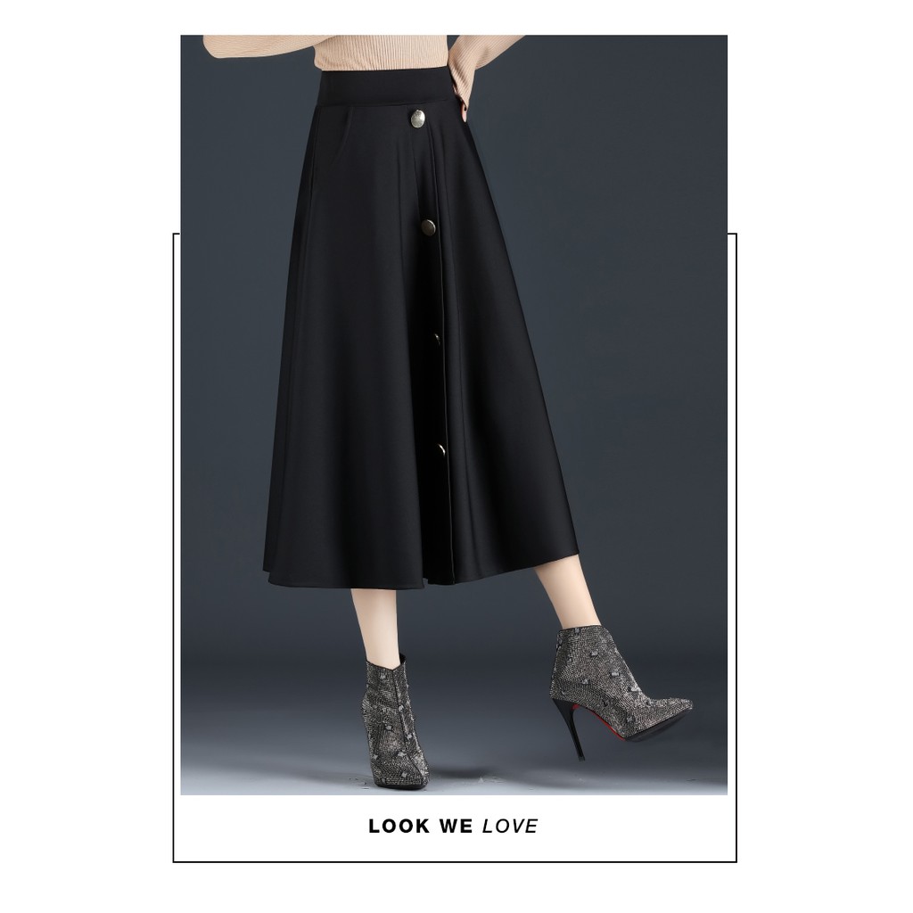 Chân váy dài cạp cao qua gối midi ullzang dáng xòe màu đen trơn đính khuy chất liệu tuyết mưa cực đẹp Siêu sang chảnh