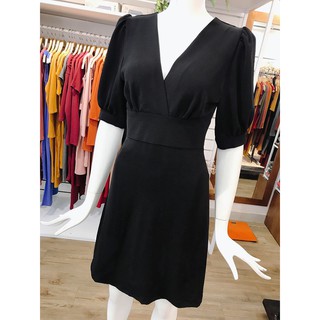 604 - Đầm xòe tay phồng cổ tim chéo