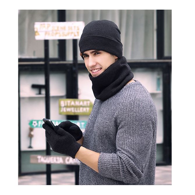 Bộ khăn quàng cổ , găng tay cảm ứng và mũ len nam ấm áp tiện dụng cho mùa đông 2018