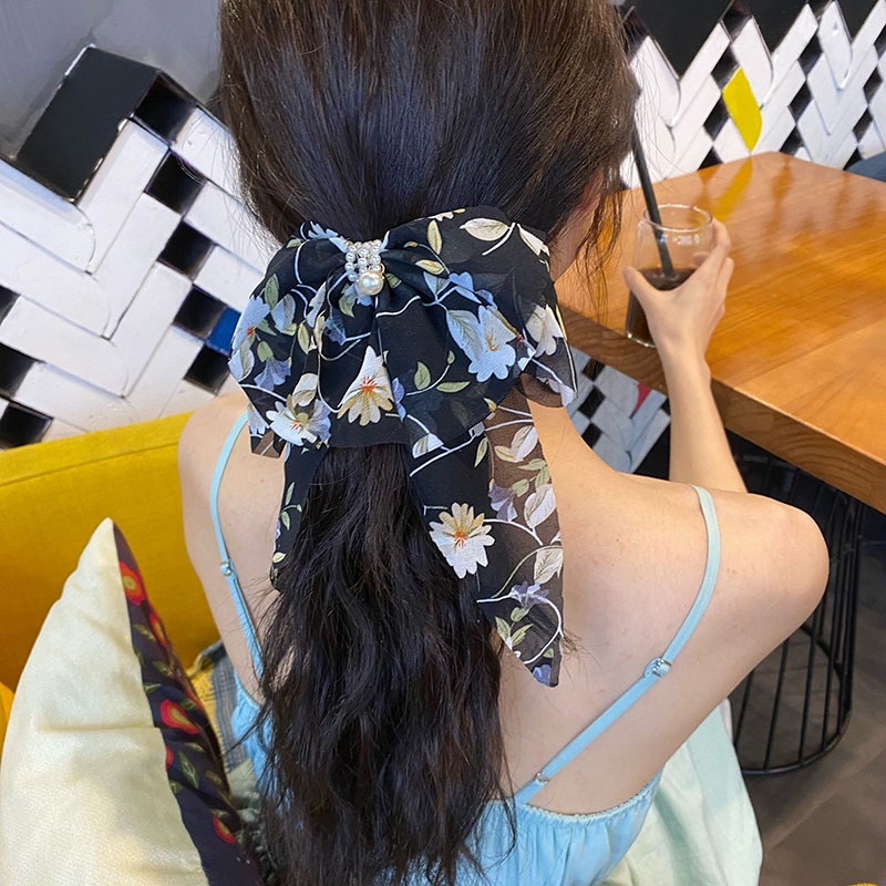 Kẹp Tóc Mỏ Vịt Bằng Vải Họa Tiết Hoa Cúc Nhỏ Thắt Nơ Sau Lưng Ngọt Ngào