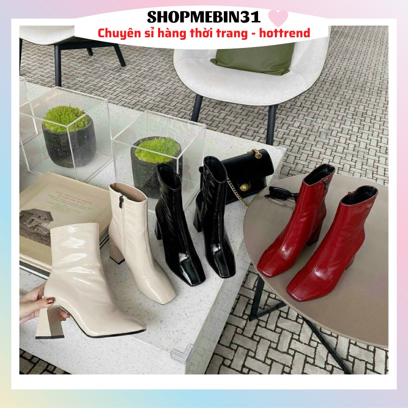 Giày Boot nữ cổ cao Bốt Da Bóng Gót Vát Thời Trang Khóa Cạnh Tiện Lợi