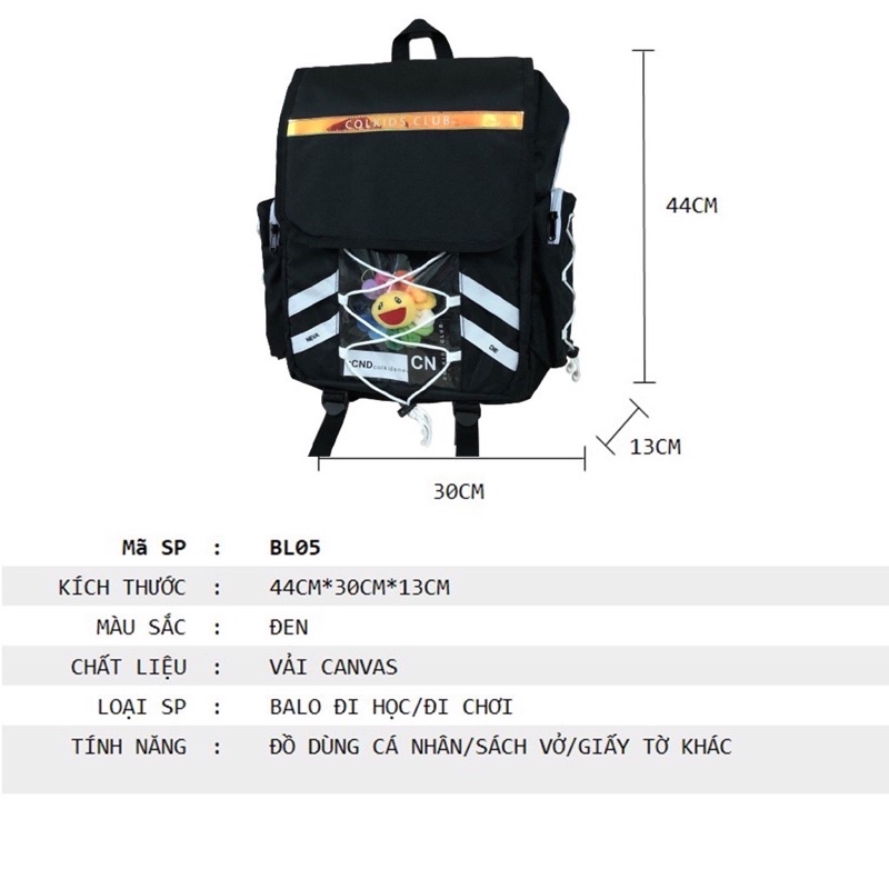 Balo thời trang COL KIDS.CLUP phản quang cặp sách đi học nam nữ chất vải canvas chống thấm nước nhiều ngăn đựng AB 766