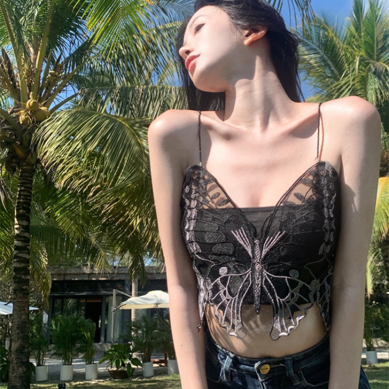 Áo Hai Dây Mỏng Vừa Vặn Thêu Ren Hình Bướm Màu Đen Gợi Cảm Phối Ren Đính Cườm