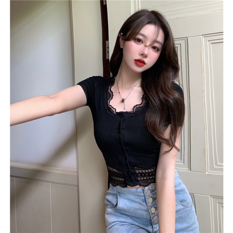 Cocory vn Áo croptop tay ngắn dáng ôm phối ren hoa thời trang quyến rũ cho nữ
