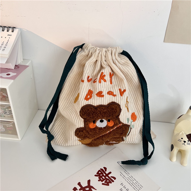 Túi Dây Rút Đựng Mỹ Phẩm Thêu Hình Gấu / Hổ Dễ Thương