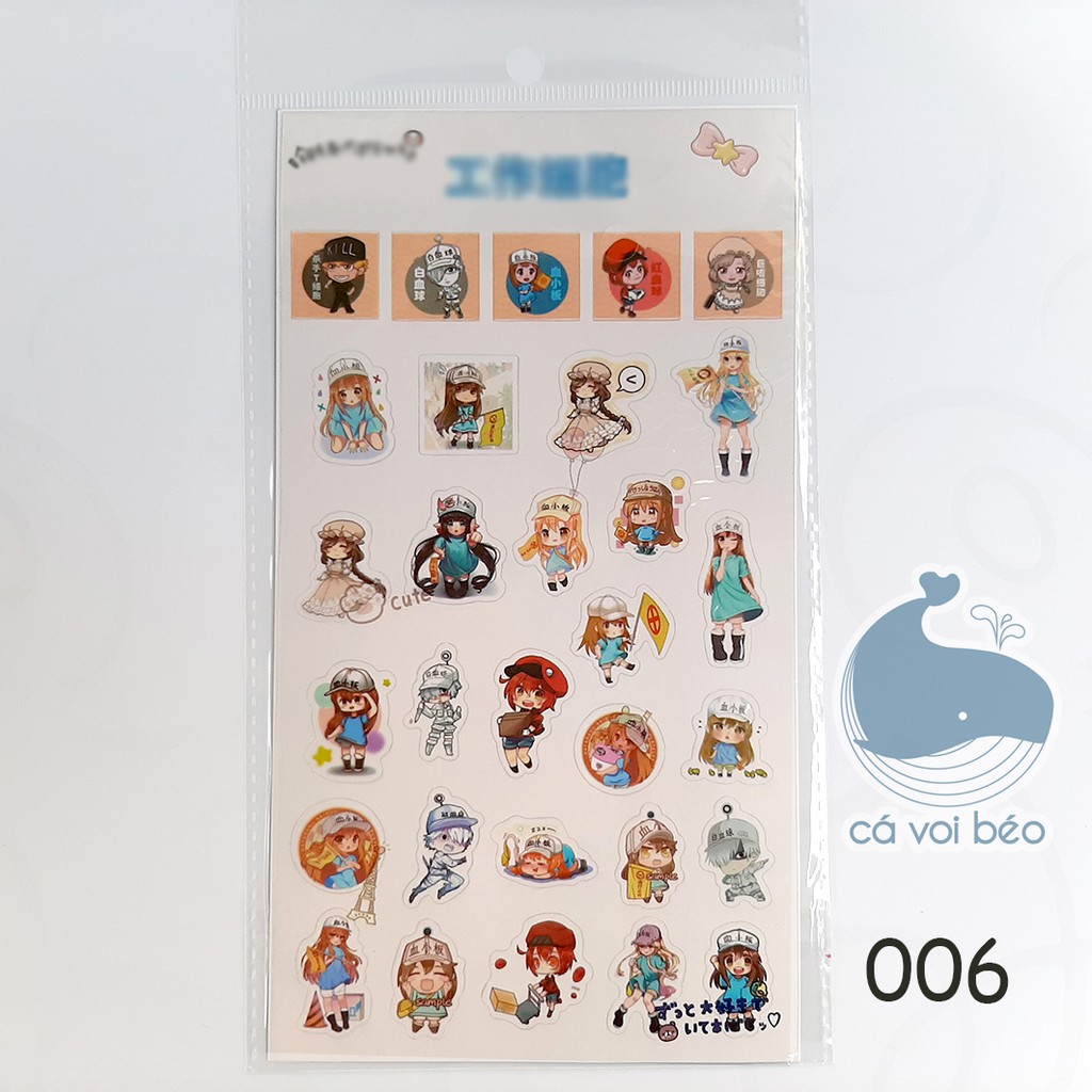 Sticker Biệt đội tế bào Hataraku Saibou Bạch cầu Tiểu cầu Hồng cầu miếng dán trong suốt manga anime sticker manga anime