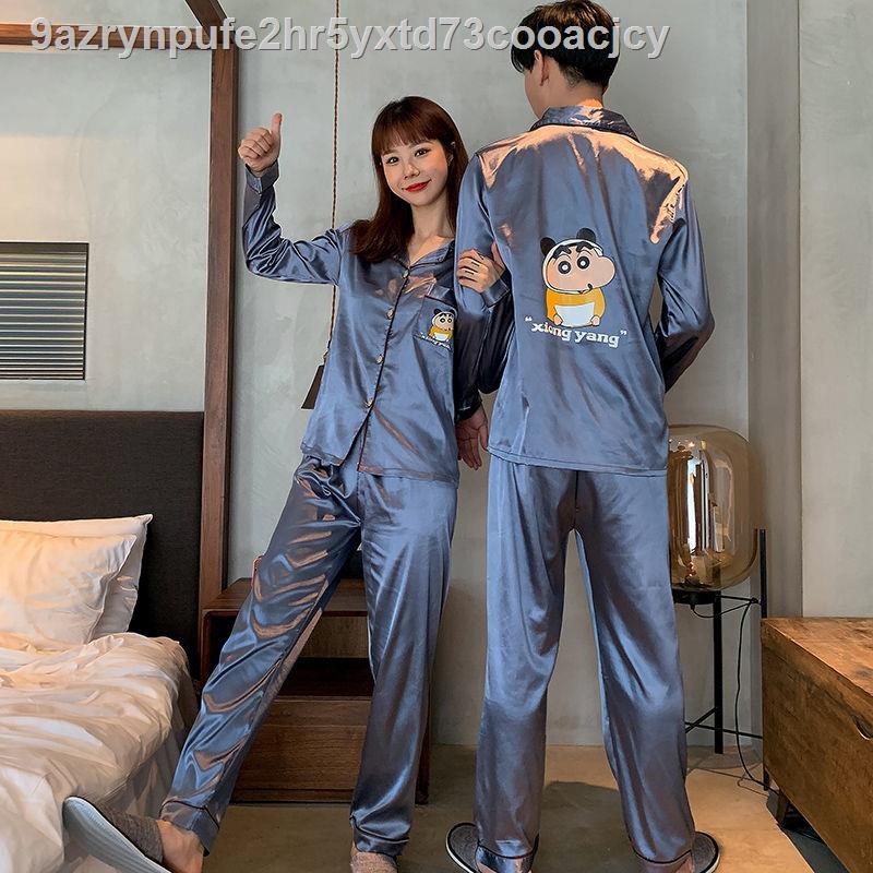 Cặp đôi pyjama mùa xuân và thu dài tay một người đàn ông phụ nữ hoạt hình mỏng hai mảnh phù hợp với lụa băng sexy ^