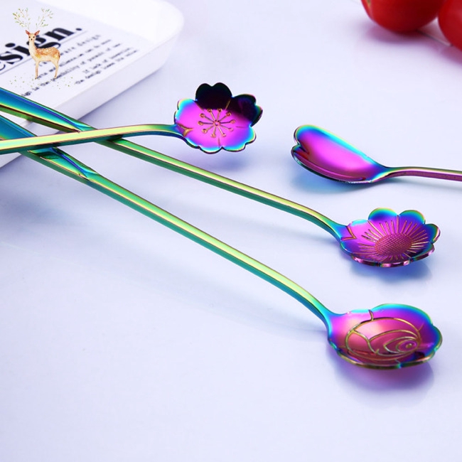 4pcs Mini Cute Flower Stainless Steel Teaspoon Coffee Metal Golden Coffee Dessert Spoon Tablespoon Dessert Spoons Kitchen Utensils