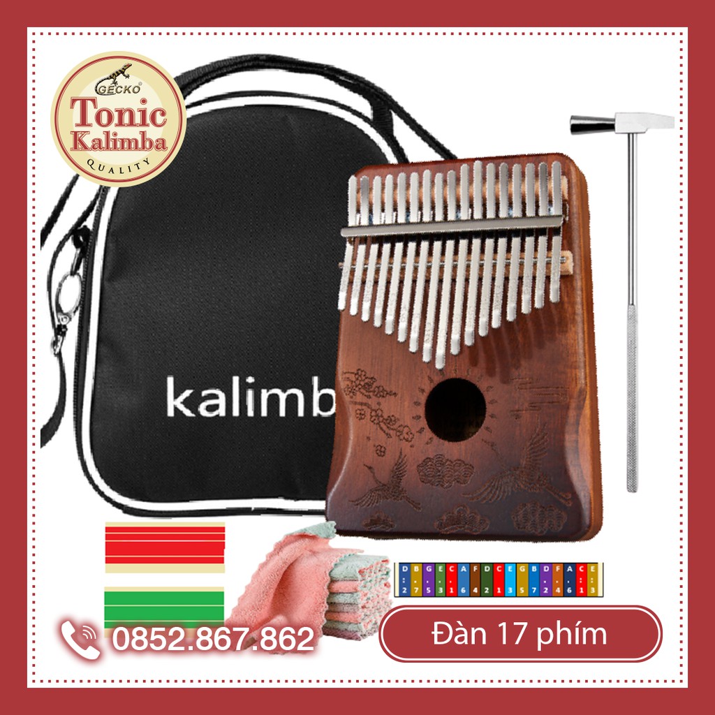 [có sẵn] Đàn kalimba 17 phím Hạc nâu gỗ mun đủ phụ kiện Túi đeo, búa chỉnh âm, stick màu stick nốt, khăn lau đàn