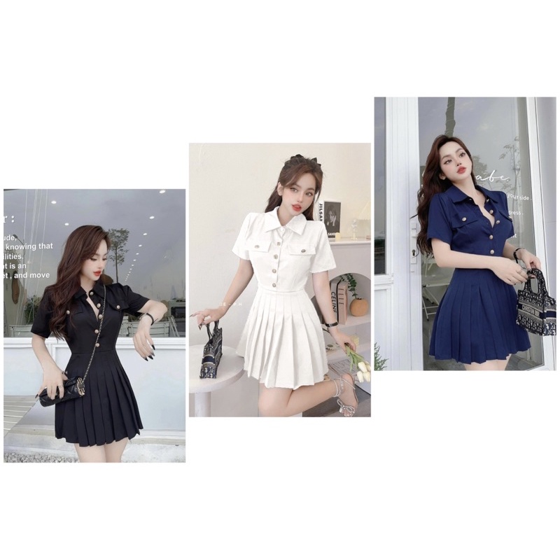 JUM CỔ SƠ MI ĐÍNH NÚT CHÂN XẾP LY