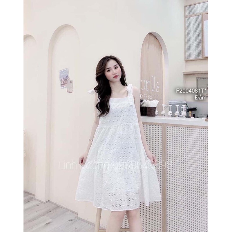 Đầm babydoll xô ren trắng đục lỗ 2 dây thắt nơ vai cực xinh!