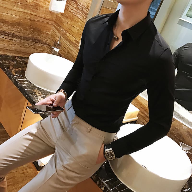 Áo Sơ Mi Trắng Nam Kiểu Dáng Cổ Bẻ Trẻ Trung Chất Vải Lụa Mịn Chống Nhăn Phong Cách