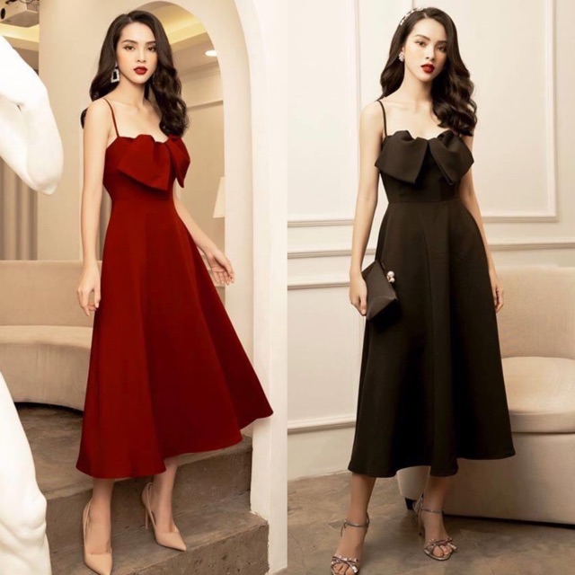 Đầm midi xoè 2 dây phối nơ