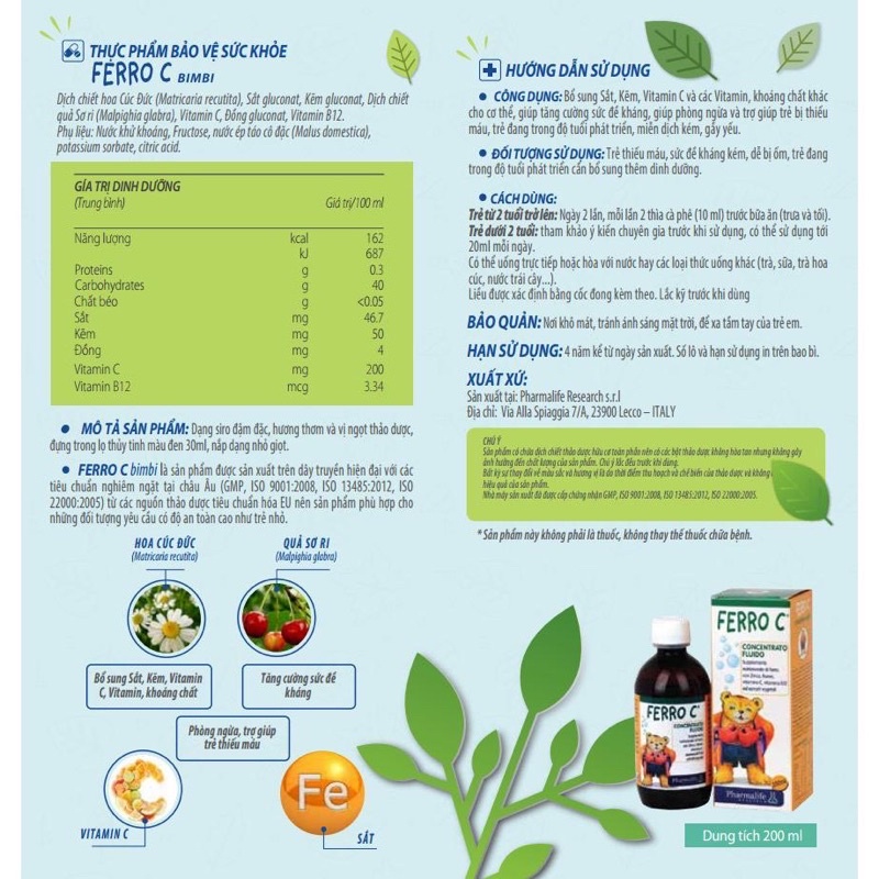 Ferro C Fitobimbi Bổ Sung Sắt Vitamin C Kẽm,Bổ Máu Và Tăng Cường Đề Kháng Cho Bé