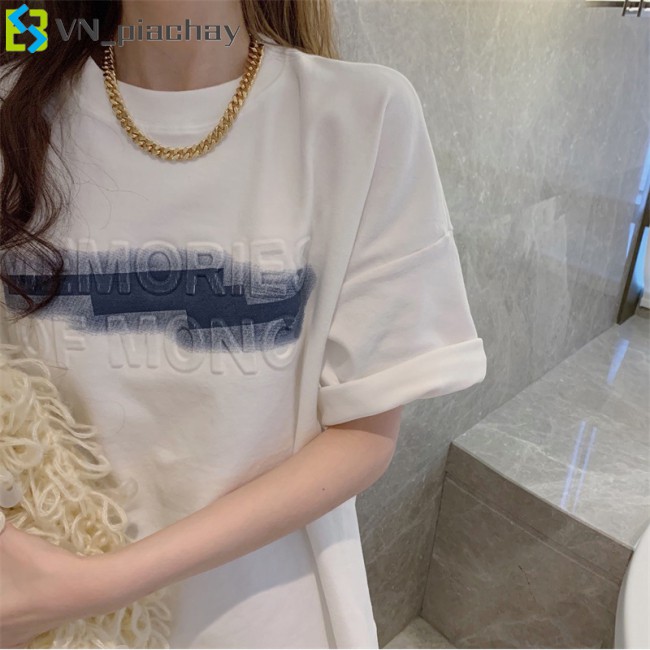 COD Women  T-shirt Three-dimensional Foaming Printing White Top Mid-length Loose Short-sleeved Shirt