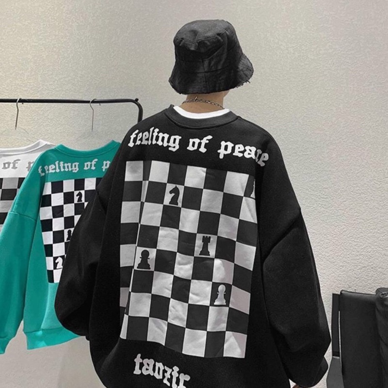 [CÓ ẢNH THẬT ] Áo Sweater Nỉ Hình Bàn Cờ 3 Màu Xanh Đen Trắng Unisex Form Rộng Nam Nữ