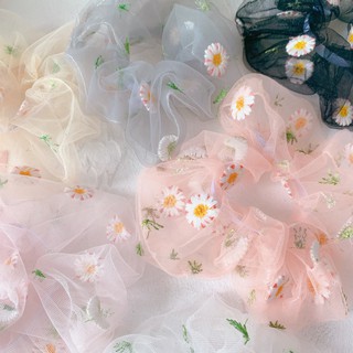 Scrunchies cột tóc vải voan thêu hoa cúc xinh xinh