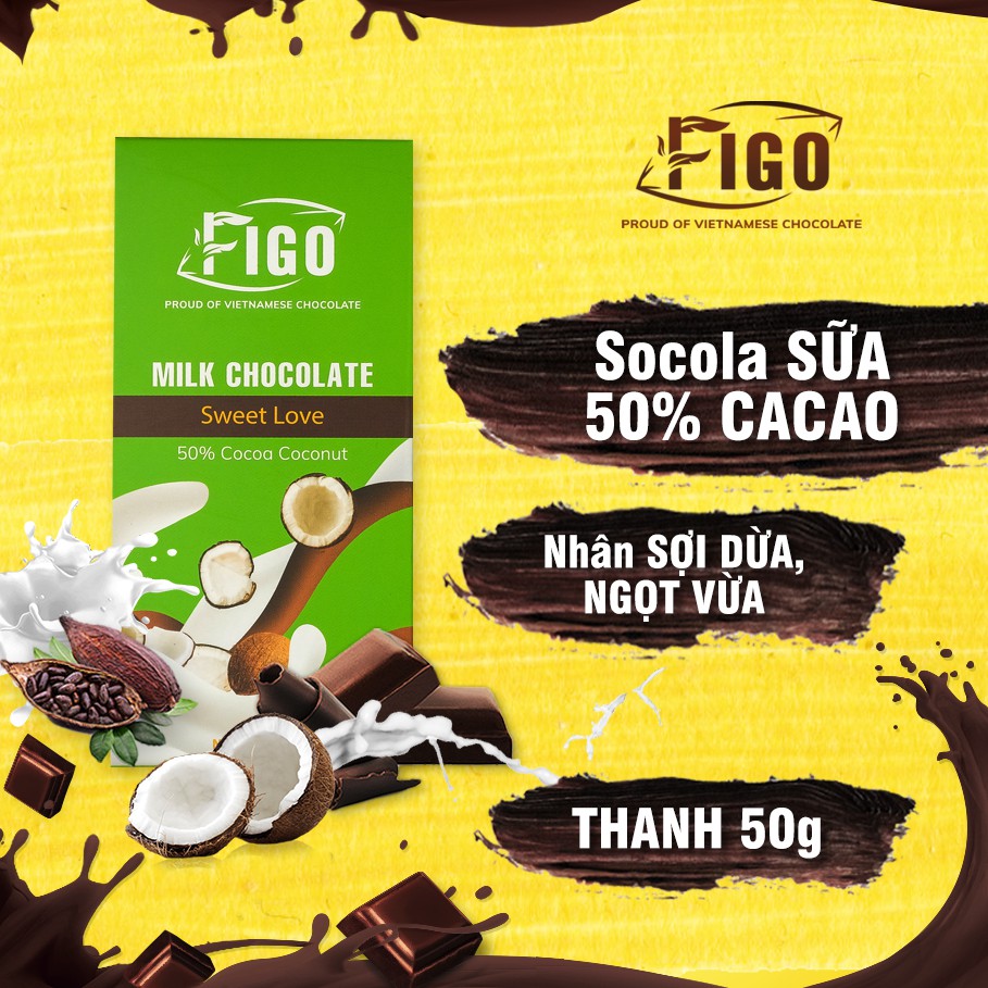 Kẹo Socola nhân Sữa Dừa_Milk Chocolate Figo sữa Dừa Coconut, ăn là nghiện Hộp 50gr