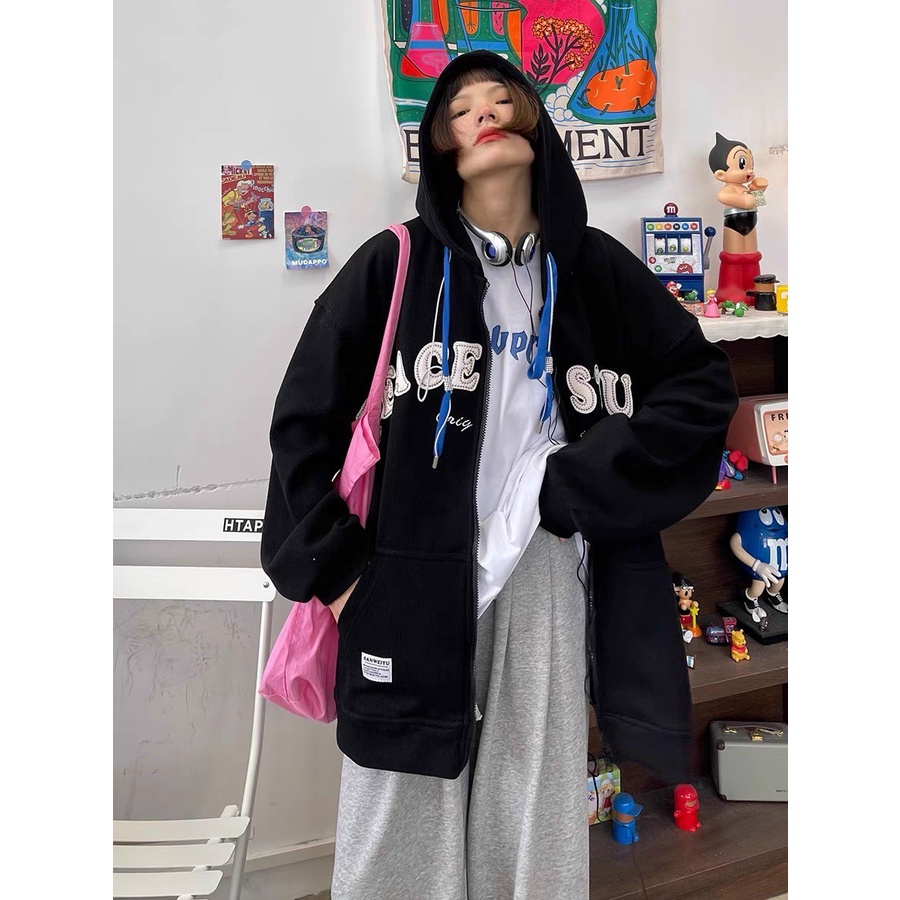 Áo Khoác Hoodie Nỉ Mũ Dáng Rộng Mũ To Tay Bồng Ace Nam Nữ Unisex Uzzlang