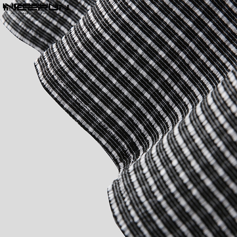 Áo thun INCERUN tay ngắn cổ tròn kẻ sọc caro dáng rộng đơn giản