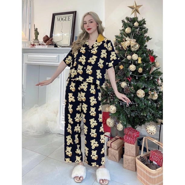 Bộ Pyjama Tay Ngắn Quần Dài Cúc Bọc Sang Trọng Chất Lụa Mango 2CE Cao Cấp - Awi Pyjama