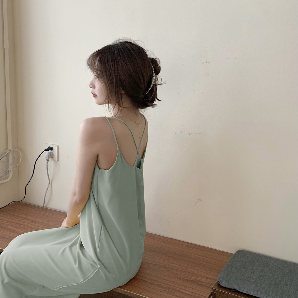 SUXI Đầm Hai Dây Dáng Rộng Màu Trơn Thời Trang Mùa Xuân Mới Cho Nữ