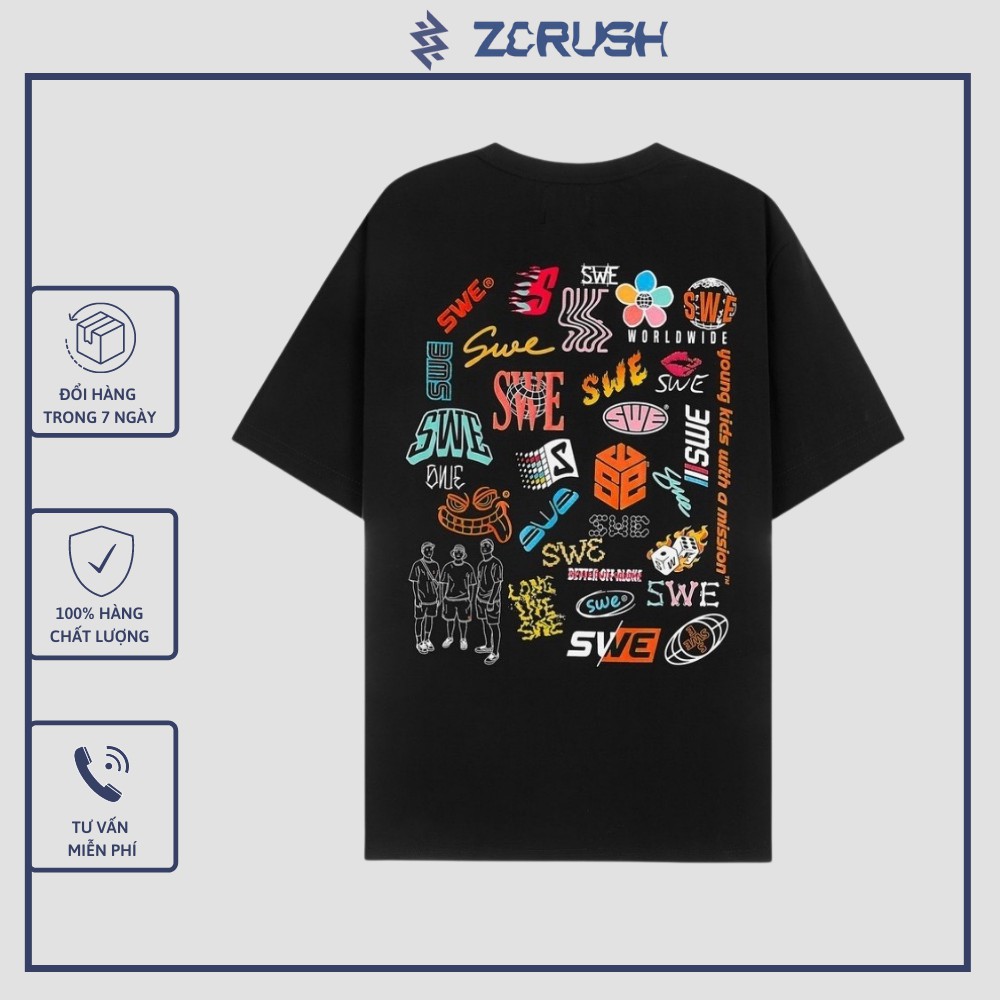 Áo Thun Unisex [ZCrush] Áo Phông Cổ Tròn Logo SWE Thun Ngắn Tay Form Rộng Nam Nữ Ulzzang Oversize