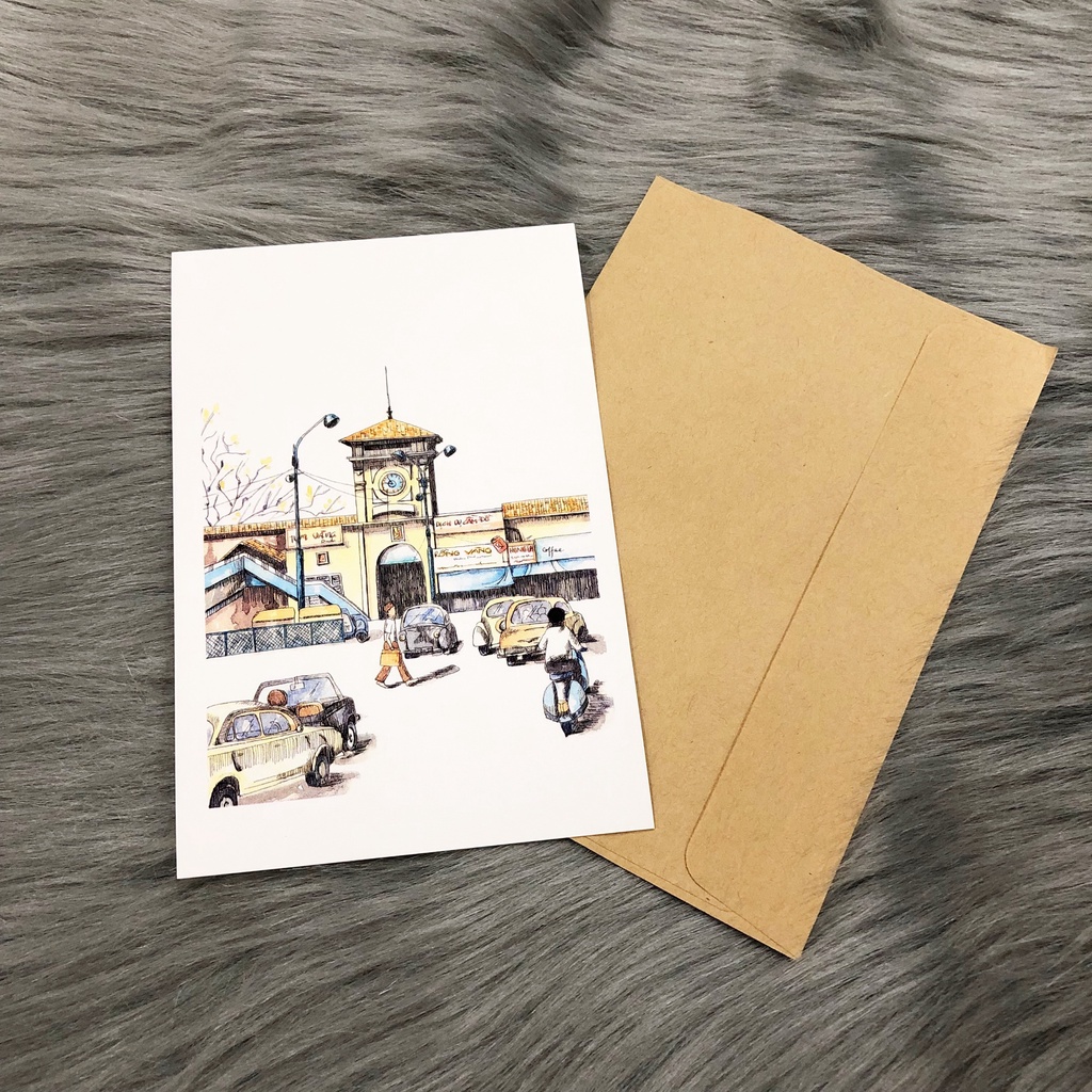 Postcard, Thiệp chúc mừng, Tranh trang trí BST Sài Gòn xưa, 10CMx15CM kèm bao thư Kraft