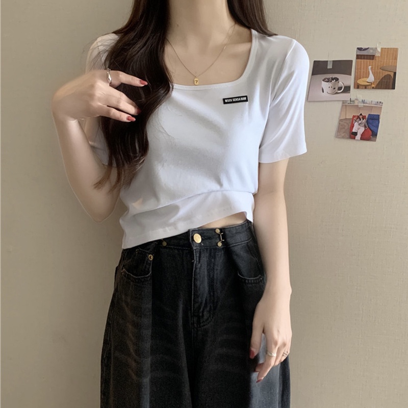 SUXI Áo Thun Tay Ngắn Cổ Vuông Màu Sắc Đơn Giản Cho Nữ