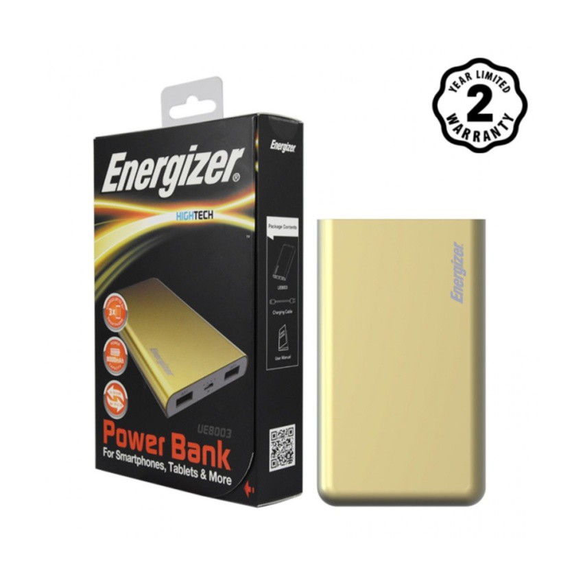 Pin sạc dự phòng Energizer 8000mAh Li-Po 2 cổng Output - UE8003 (Vàng Đồng)