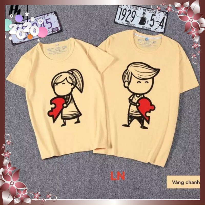 [2 Chiếc] Áo Thun Phông Cặp Đôi Nam Nữ Tình Yêu Ngắn Tay Mùa Hè Đi Chơi Biển Vải Cotton In Ghép Tim Phong Cách Hàn Quốc
