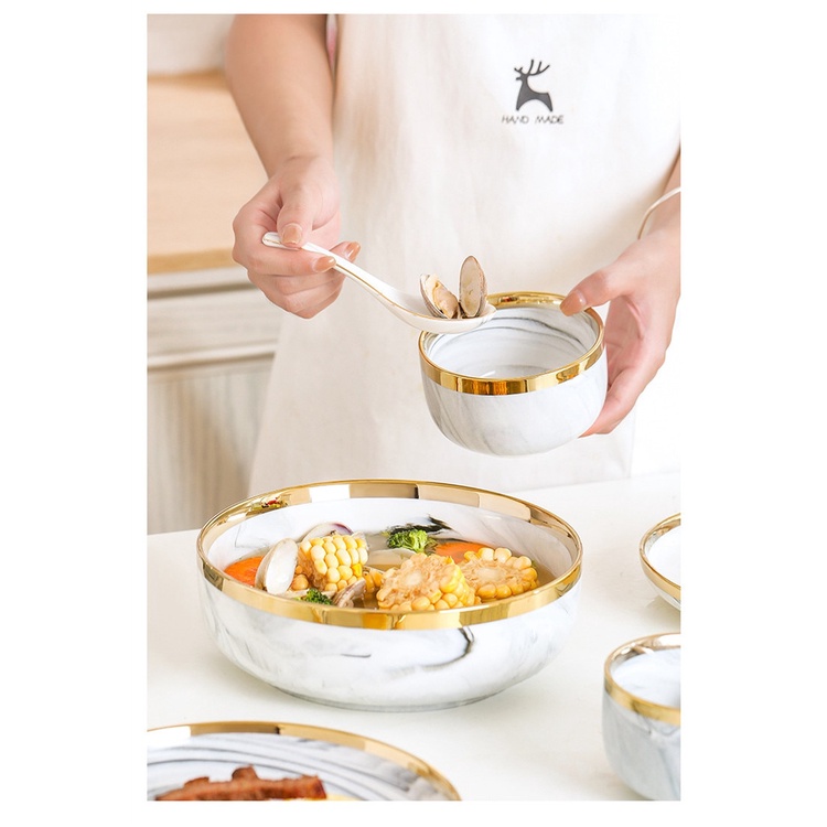 Bộ chén bát sứ vân đá cẩm thạch trắng viền vàng cao cấp