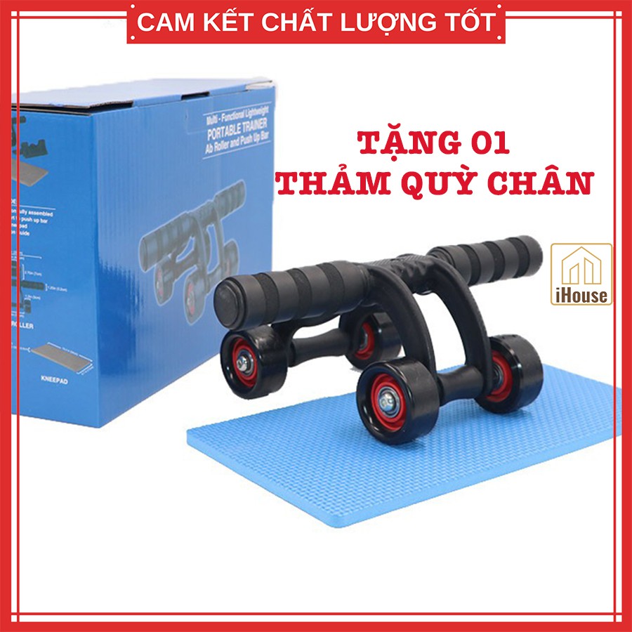 Con lăn tập bụng 4 bánh đa năng, dụng cụ tập cơ bụng 6 múi tại nhà tặng kèm thảm quỳ gối iHouse