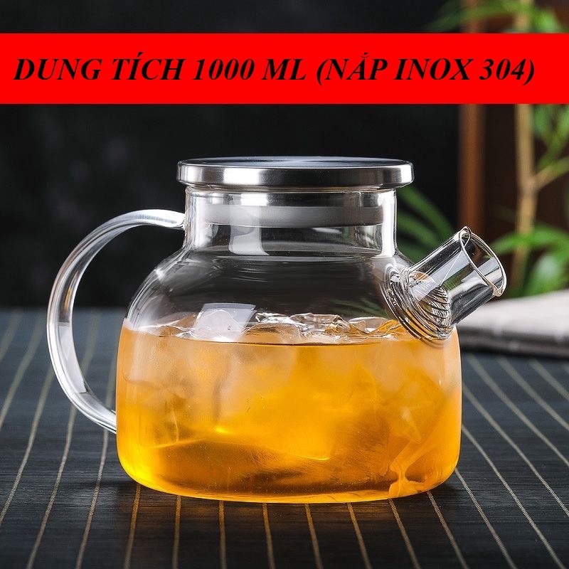 Bình detox, ấm trà thủy tinh cao cấp, kiểu dáng hiện đại, nắp gỗ và nắp inox Dung tích 1000 ml