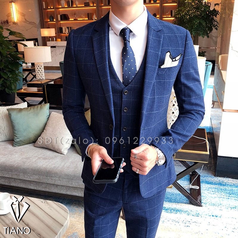 Bộ Vest nam cao cấp 1 cúc Hàn Quốc màu XANH ô cực sang trọng, trẻ trung Suit Nam Cao Cấp.
