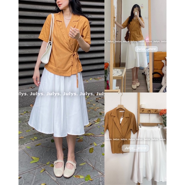 SET áo cổ vest thắt eo kèm chân váy (ảnh thật kèm video)