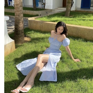Đầm maxi xanh đi biển nhún lưng đi chơi đi tiệc có lót trong váy - B030