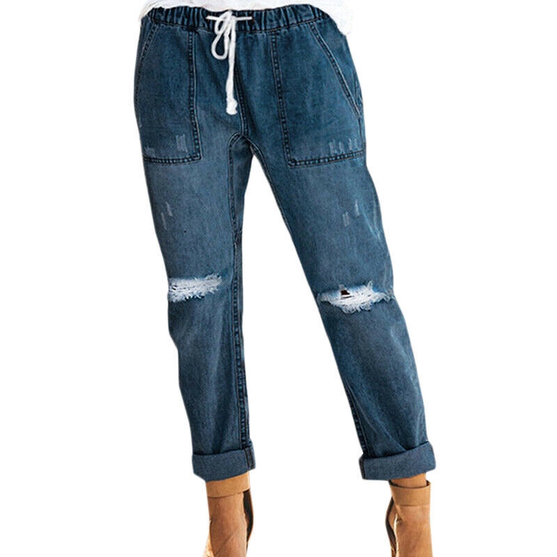 Quần jeans nữ lưng thun ống rộng phong cách retro