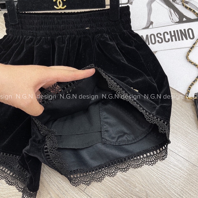 Quần short nhung chân ren tag ong