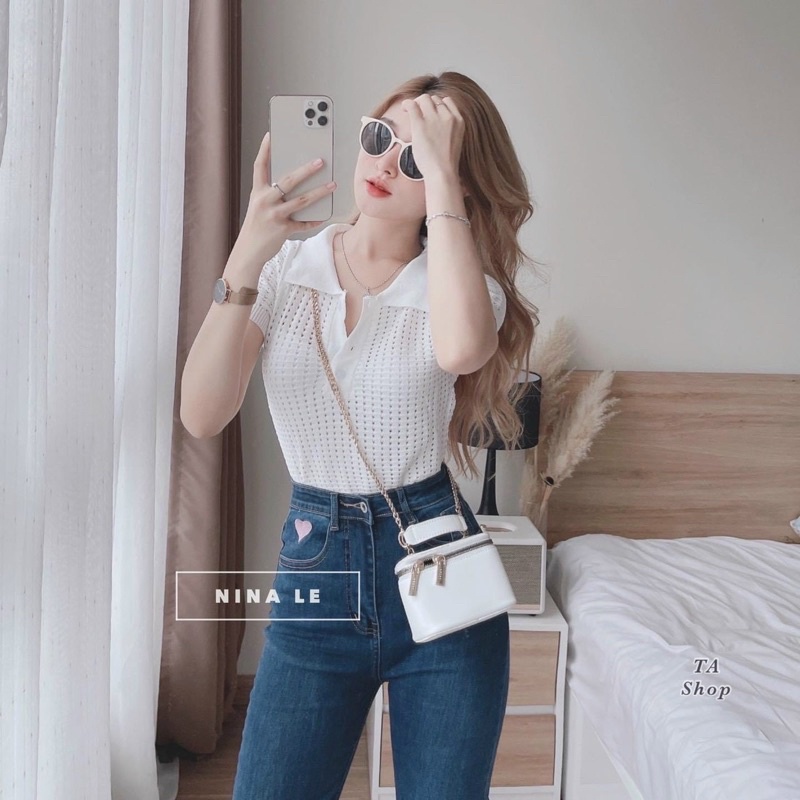 Áo len lỗ cổ đức bo gấu màu trắng duy nhất, dáng áo len polo