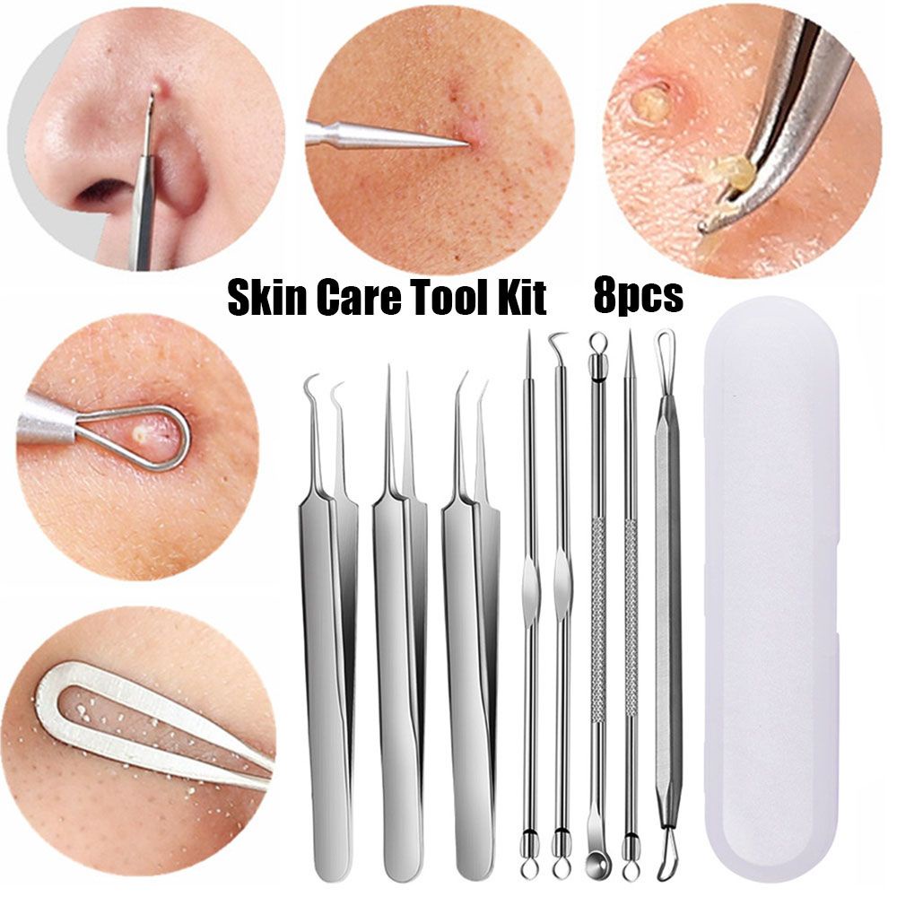 Bộ dụng cụ nặn mụn đầu đen bằng thép không gỉ chuyên nghiệp có túi đựng