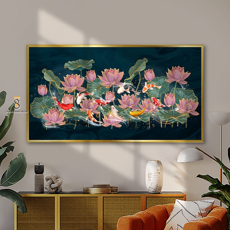 Tranh Canvas | Cửu Ngư Hoa Sen 1FHLANS004 | Tranh Căng Khung Cao Cấp | Tặng Kèm Đinh Đa Năng