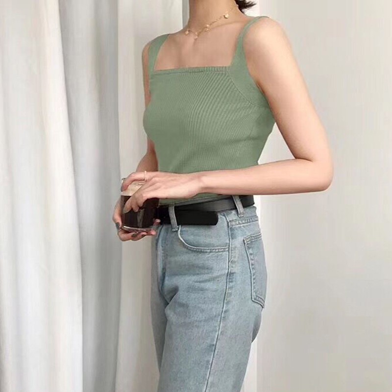 Áo Croptop Dệt Kim Nữ Sát Nách Cổ Vuông Màu Trơn Gợi Cảm