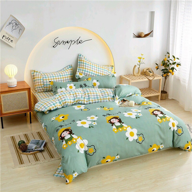 Bộ chăn ga gối coton poly Emmidecor - Mẫu cô gái xanh lá