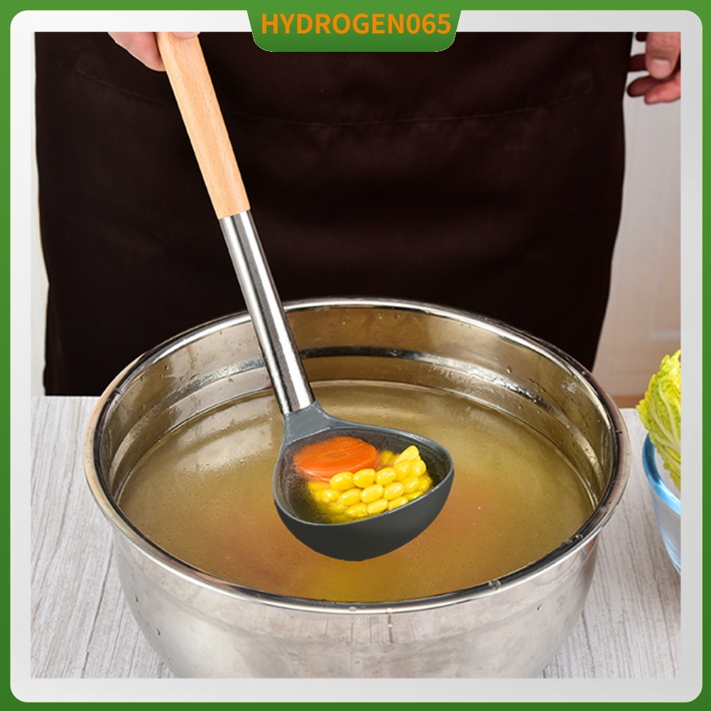 Muỗng súp Mềm mại an toàn Chất liệu silicone bền không dính Chống xước Tay cầm bằng gỗ Muỗng muỗng Hydrogen065