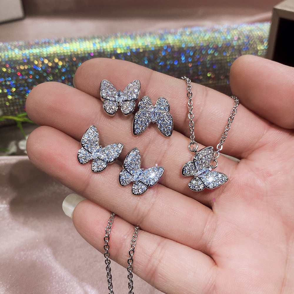 Bộ trang sức, Set Dây chuyền, Bông tai, Nhẫn nữ hình bướm đính đá cao cấp sang trọng Mely - HA81