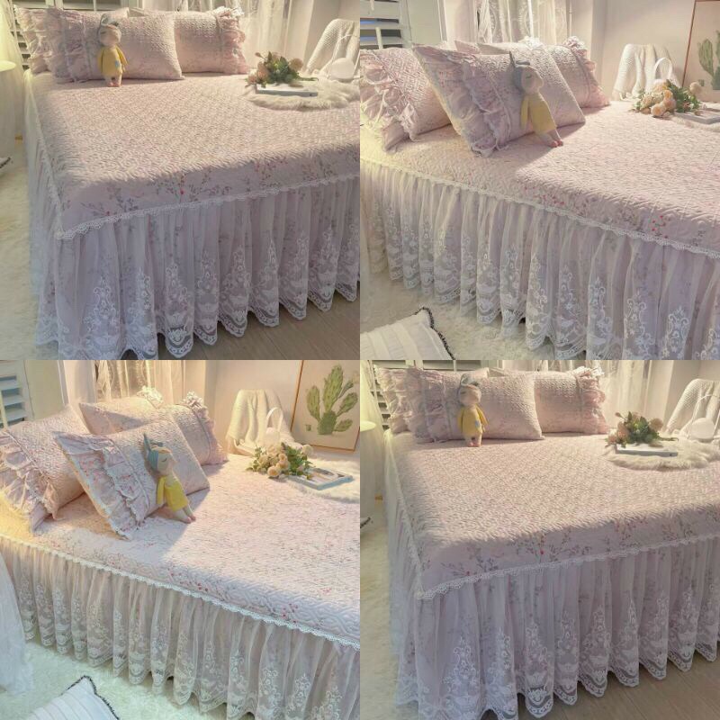 Ga trần phủ bèo ren, ga gối cotton trần phủ phối ren công chúa tặng kèm 2 vỏ gối
