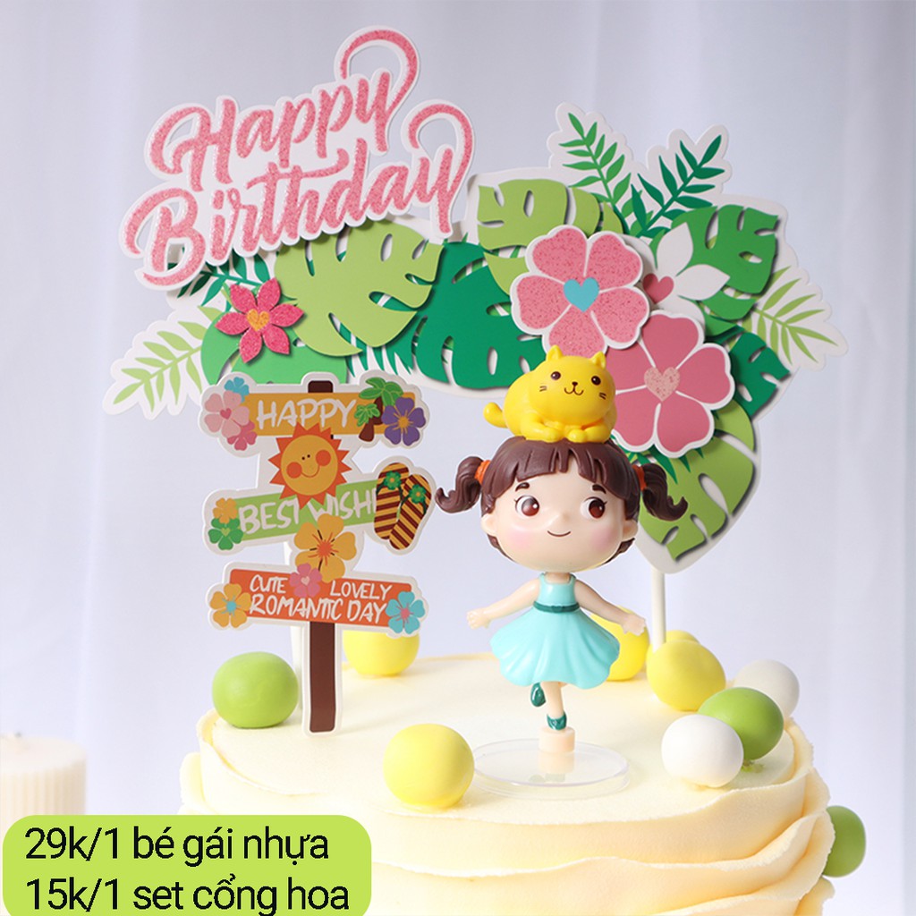 Mô hình trang trí bánh bằng nhựa búp bê váy xanh và chú mèo vàng