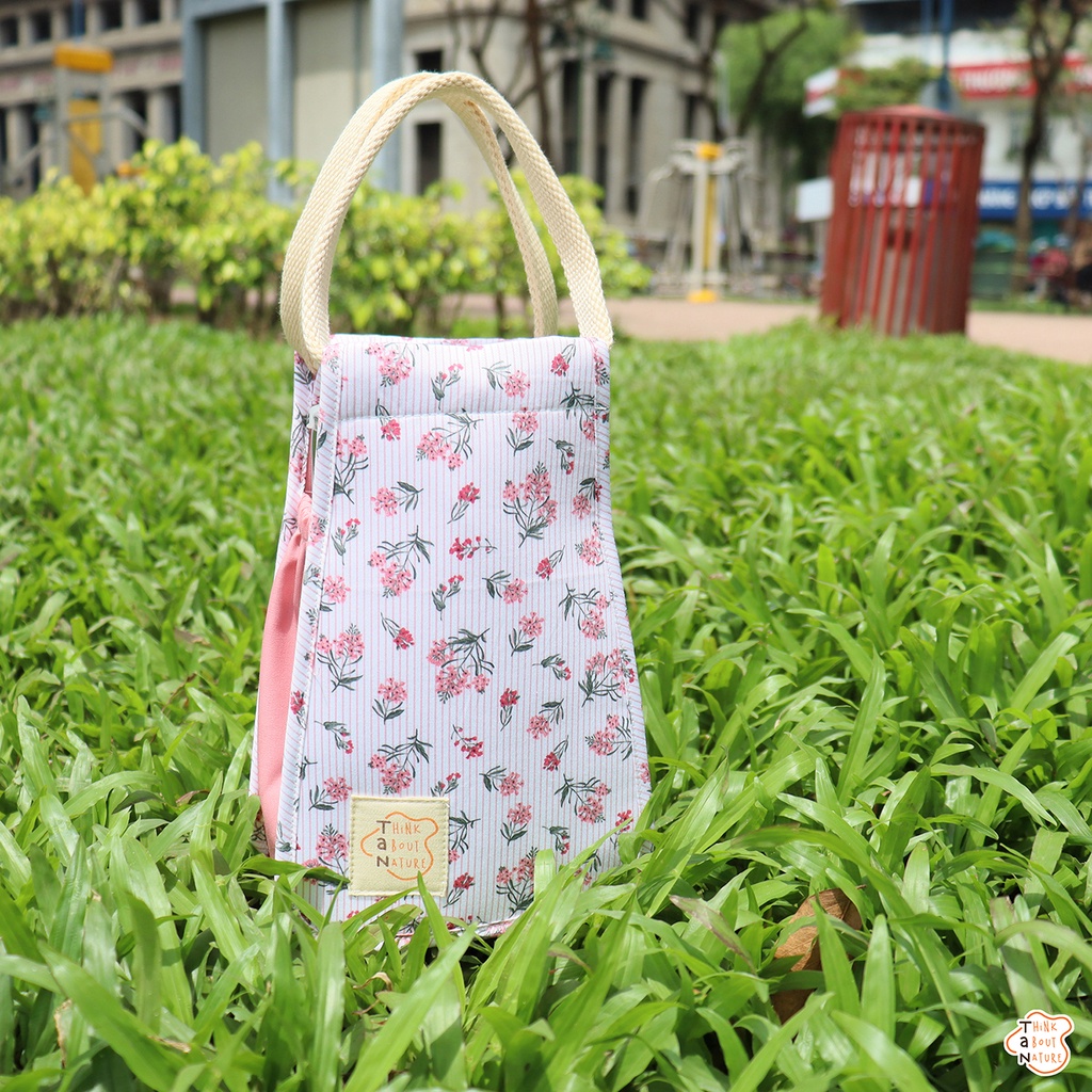 Túi vải đựng bình nước họa tiết hoa nhí hồng sọc Tancupholder